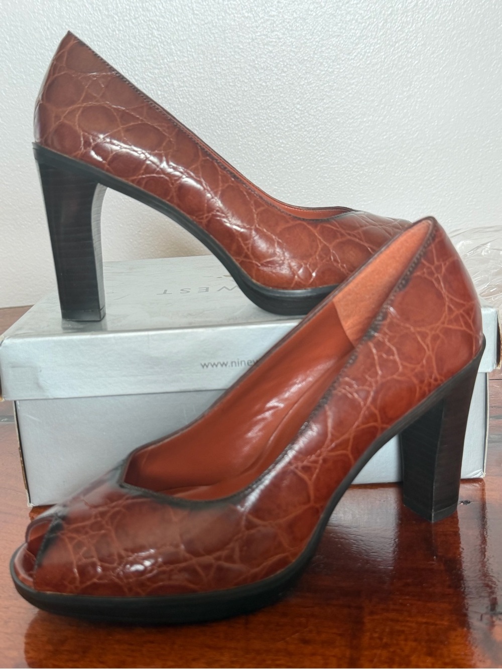 Nine West Cognac Croc-Embossed Leather Peep-Toe Pumps